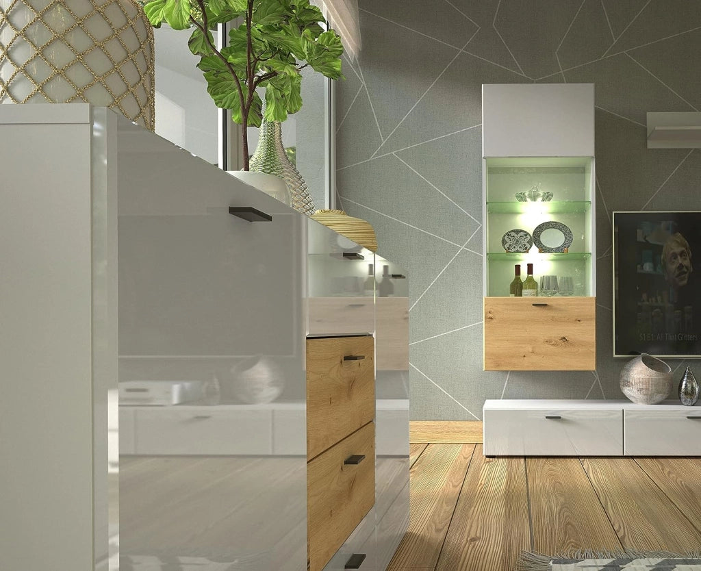 Mobile Comò soggiorno Mila buffet con 2A 4C cm150x40x81h  bianco lucido rovere