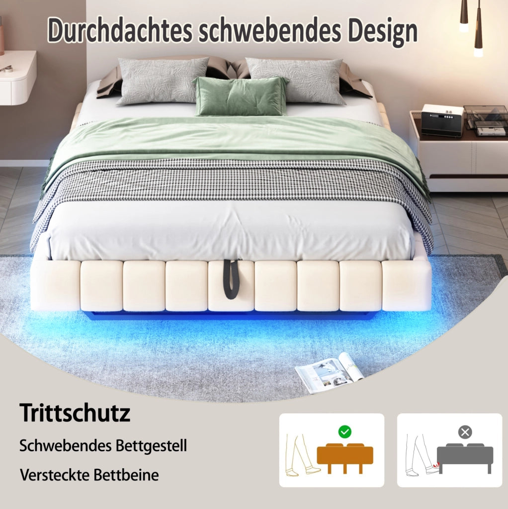 Letto imbottito sospeso con contenitore e luce a LED