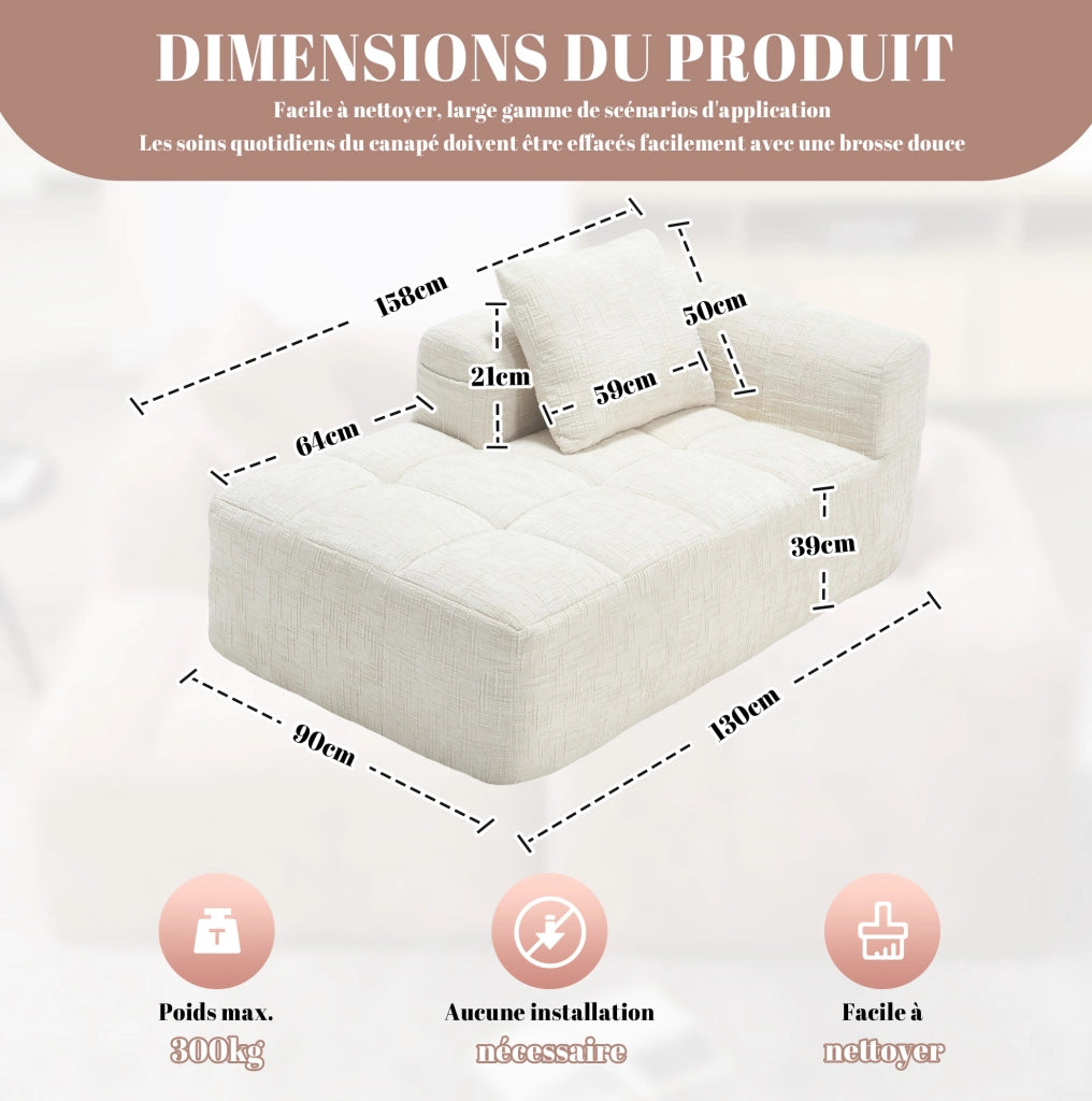 Chaise longue 158x90x60 cm con tasche laterali e cuscino in chenille beige