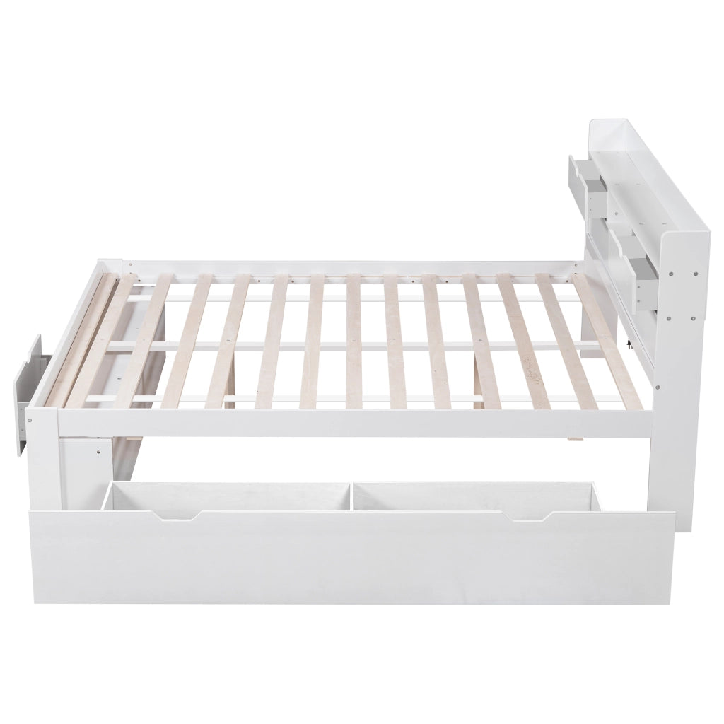 Letto matrimoniale bianco in pino con USB e cassetti 140x200 cm