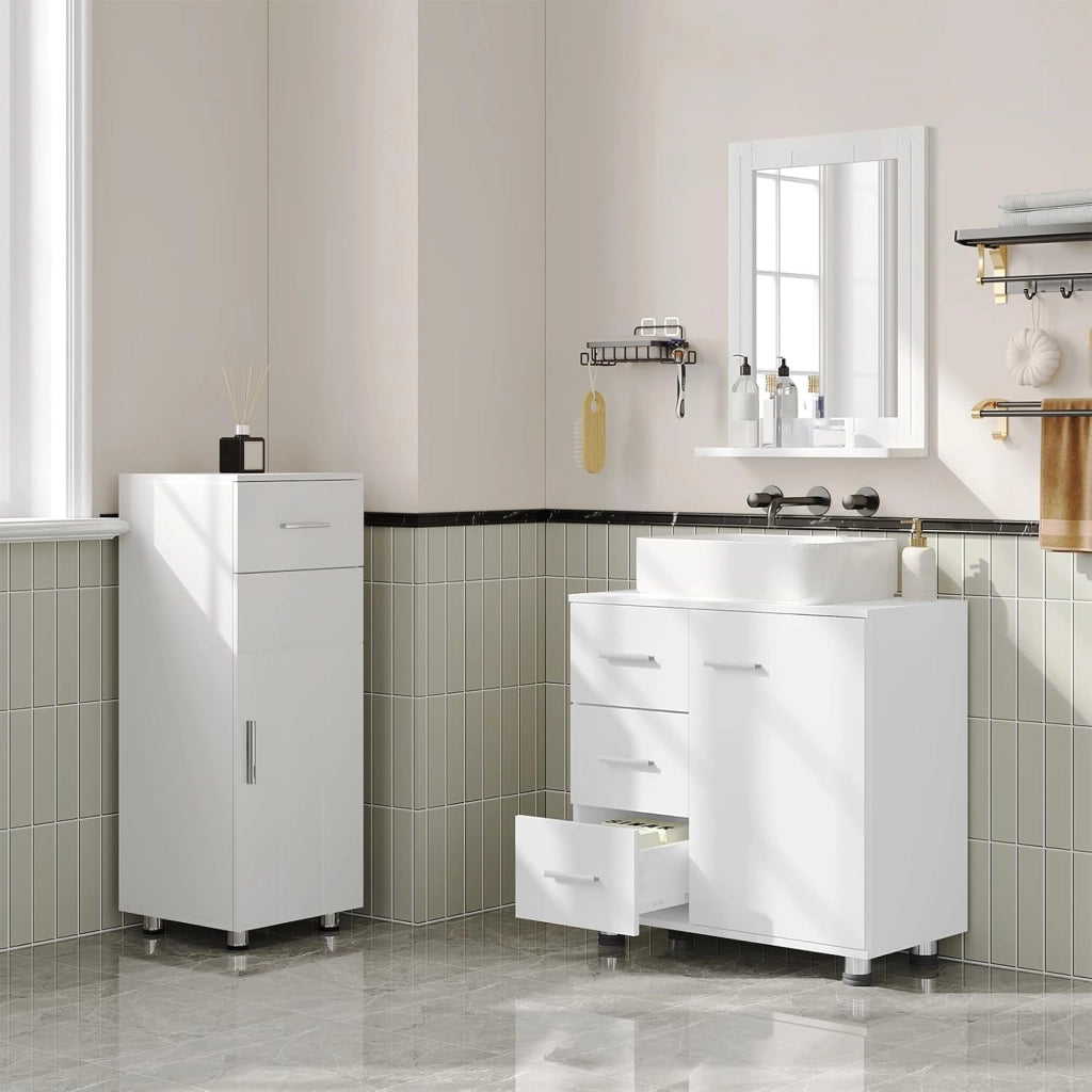 Mobile da Bagno Sottolavello, Mobile con 3 Cassetti e 2 Livelli, per Lavabo da Bagno Bianco, Legno Ingegnerizzato, con Ritaglio Per Sifone D17,5xL10 cm
