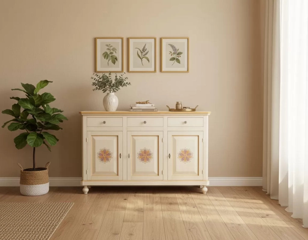 Madia credenza in legno 3 ante avorio pennellato l.150 p.43 h.98 (1081) - Mobili 2G