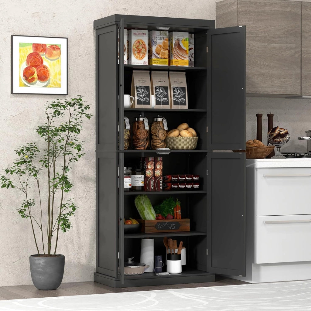 Armadietto Bianco con 4 Ante e 6 Ripiani Regolabili, Kit Anti-Ribaltamento, 76 x 40 x 184,5 cm, per Cucina, Camera da Letto, Soggiorno (Nero)