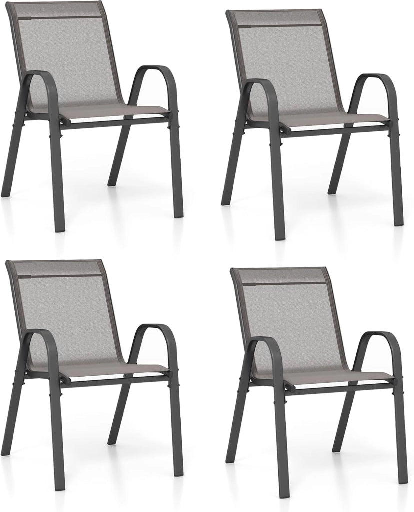 Set di 2/4 Sedie da Giardino, Sedie Impilabili da Esterno in Tessuto con Telaio in Metallo, Poltrona da Balcone con Braccioli e Schienale Alto, per Sala da Pranzo, Carico 150 kg (Grigio*4)