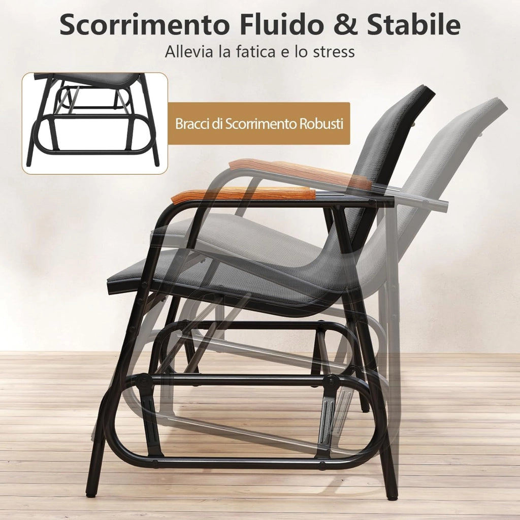 Panca a Dondolo da Esterno, Panchina a 2/3 Posti da Giardino con Movimento Oscillante, Braccioli Curvi in Legno, Sedia a Dondolo per Veranda, Giardino, Portata 300KG/450KG (Grigio, 3 Posti)