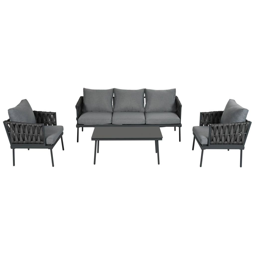 Set Divano da Giardino con Tavolo e Cuscini ¨C MINIMAL ¨C Polyrattan, Acciaio, Grigio