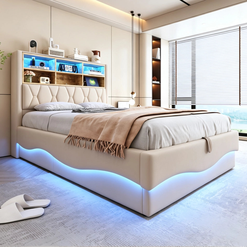 Letto matrimoniale contenitore 140x200 cm con LED tramite App; rete in metallo; USB e vano contenitore; lino beige