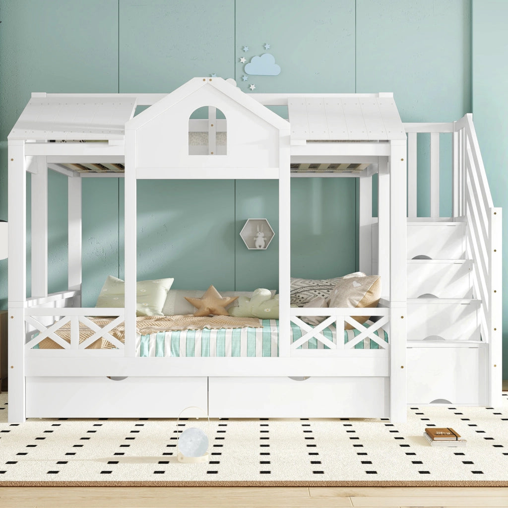 DESMIU Letto a castello per bambini 90 × 200 cm e 140 × 200 cm 2 posti con 2 cassetti, senza materasso, bianco