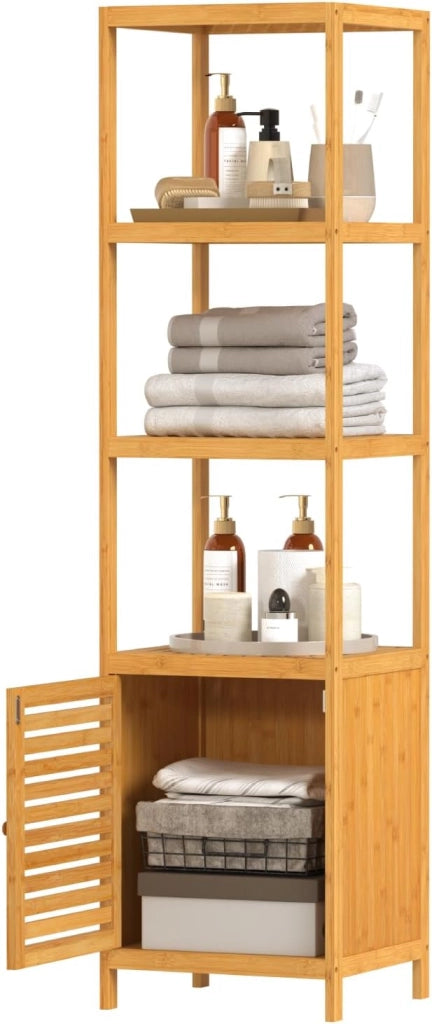 Armadio da Bagno in Bambù, Mobile da Bagno Alto e Stretto con Porta a Battente, 4 Ripiani Aperti, Scaffale Angolare Indipendente, 36x33x140cm