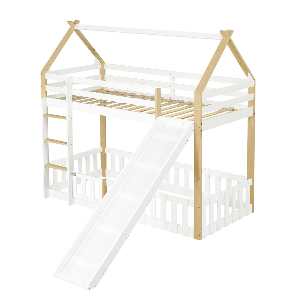 Letto a castello-Xylo-90x200cm, tetto, scivolo, scala, bianco+naturale