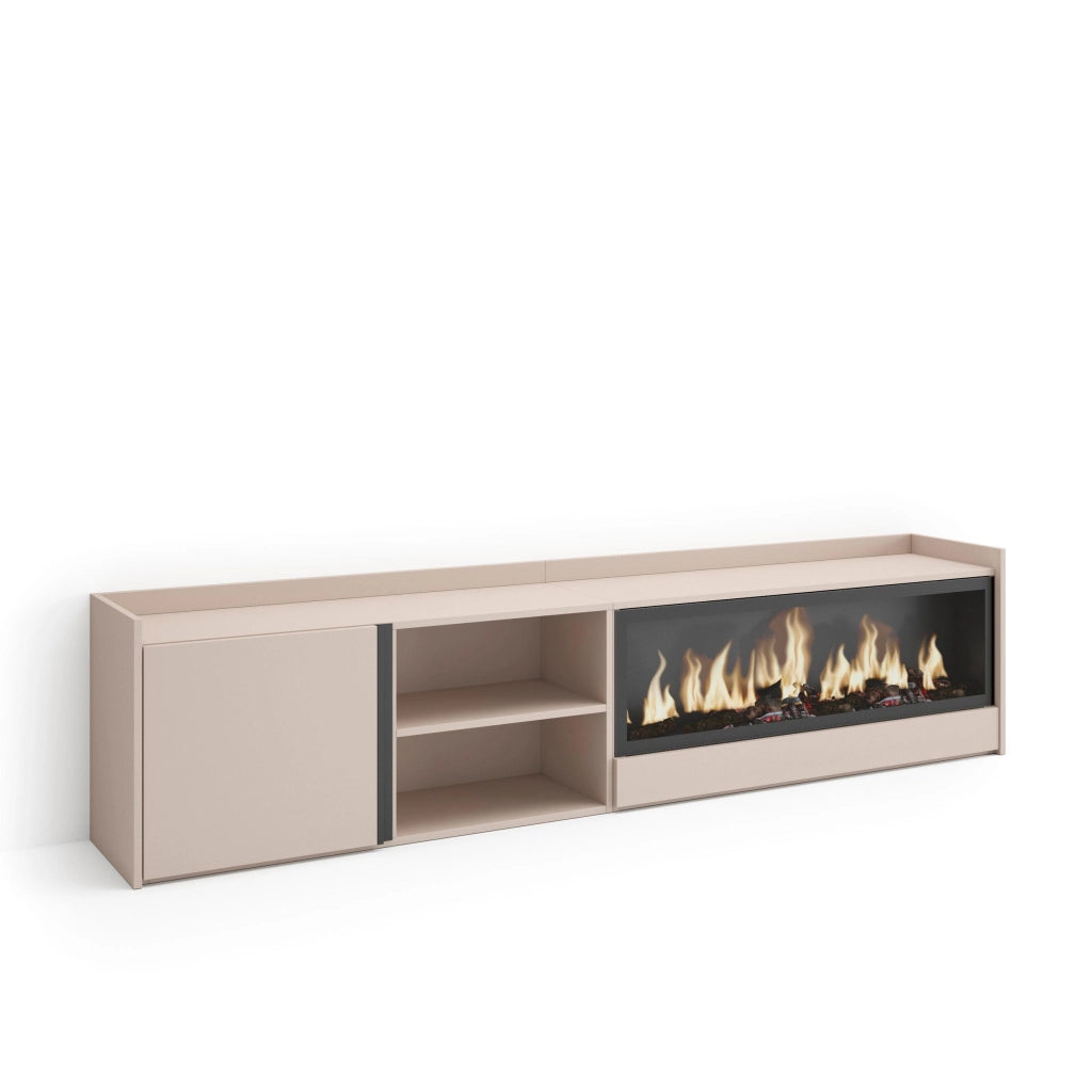 Mobile TV Soggiorno, 212x50x35 cm, Per TV fino a 80", Camino elettrico XXL, Beige