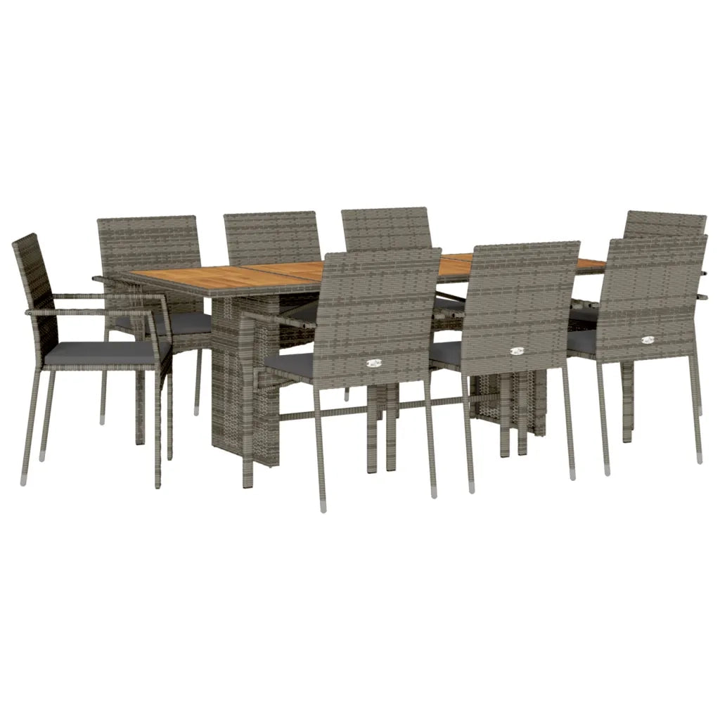 Set da Pranzo da Giardino 9 pz con Cuscini in Polyrattan Grigio