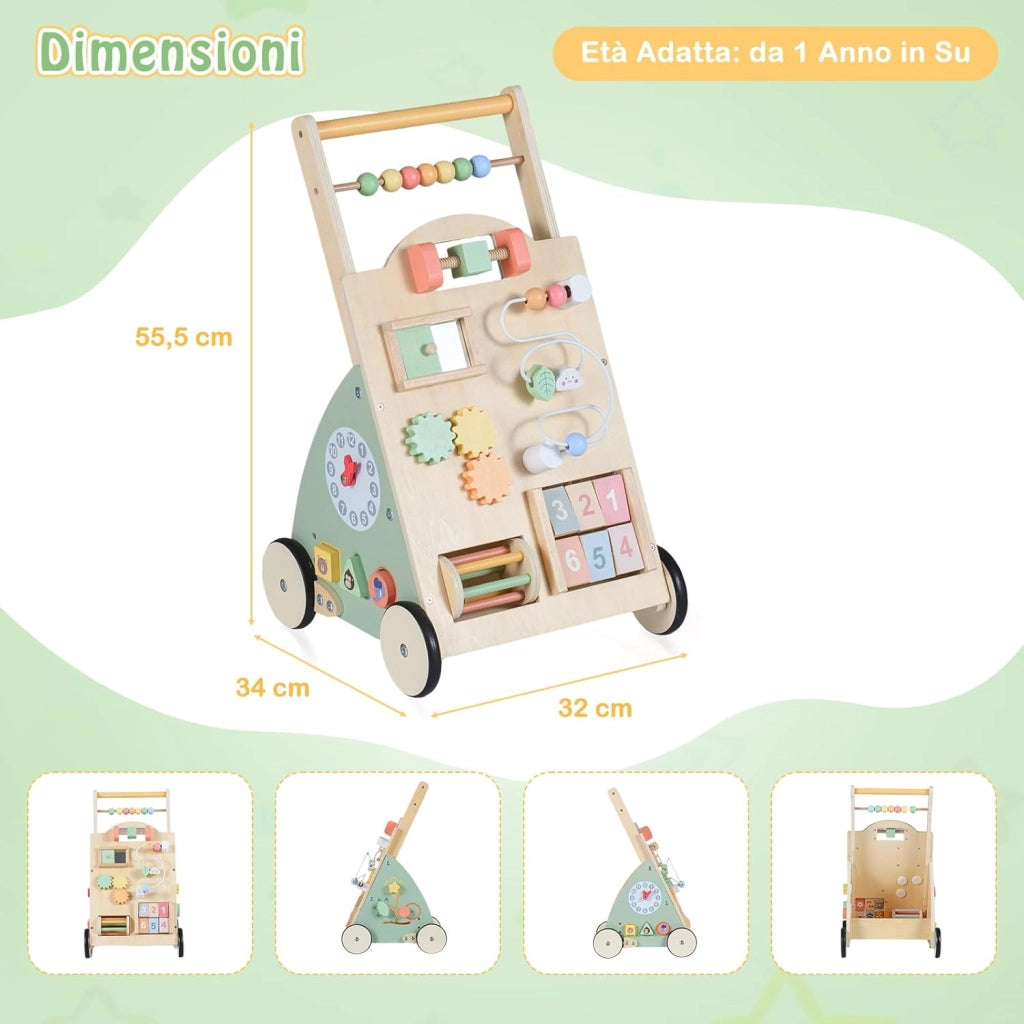 Carello Primi Passi in Legno per Bambini, Girello Montessori con Centro Attività, Ruote e Cestino Portaoggetti, Gioco Educativo per Bambini 12 + Mesi (Modello 5)