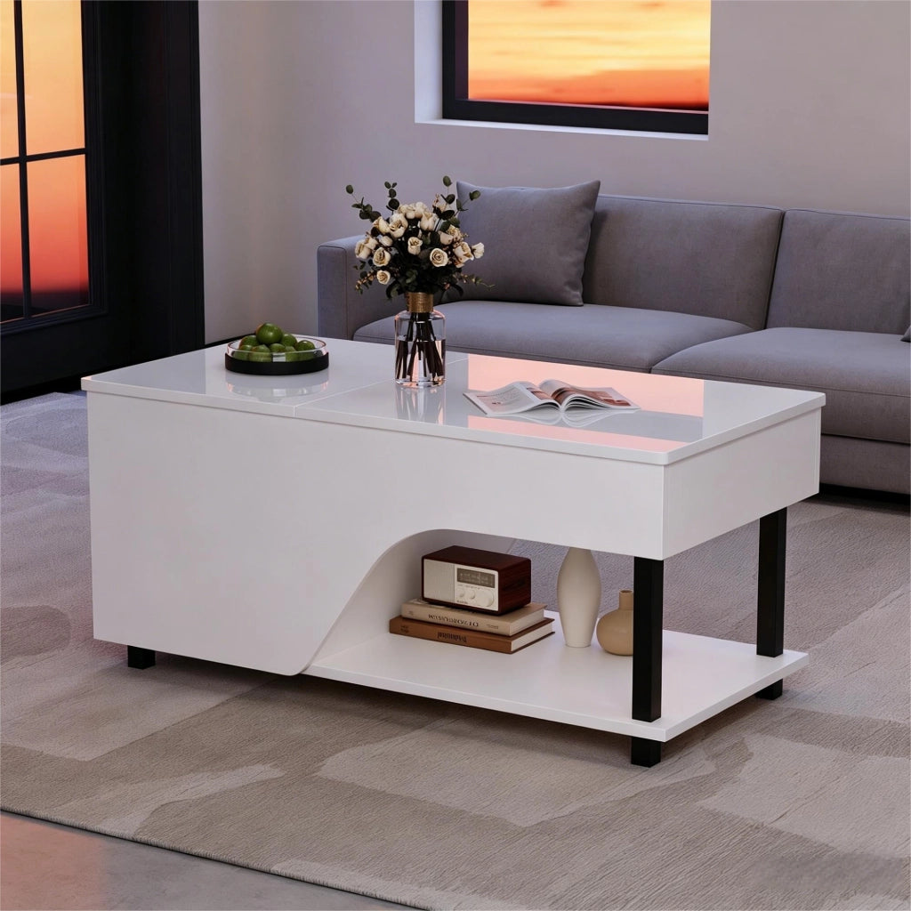 Tavolino lucido, illuminazione a LED, altezza regolabile, design traforato, 50 x 100 x 46 cm, bianco