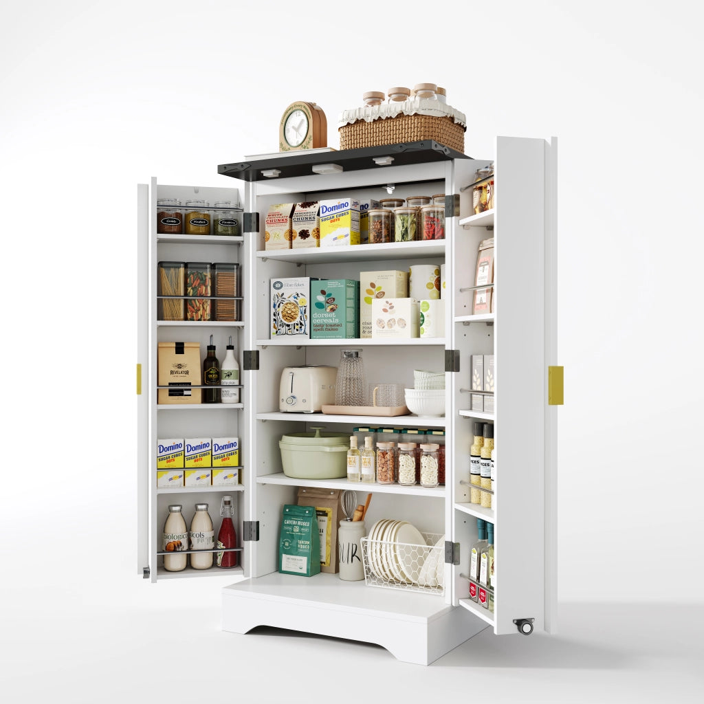 Mobile Dispensa 60;5x40x120 cm Bianco con LED Sensore; 2 Ante; Ripiani Regolabili e Portaspezie