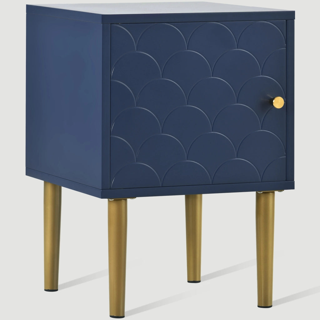 Set di 2 comodini con 1 anta, motivo a scaglie, in legno e metallo, per camera da letto e soggiorno, blu marino