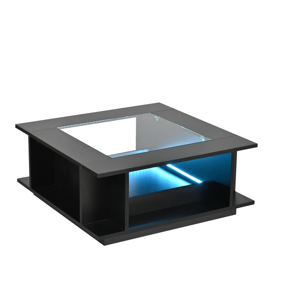 Tavolino da salotto quadrato 70x70x30 cm con piano in vetro, finitura lucida nera, LED e vano contenitore