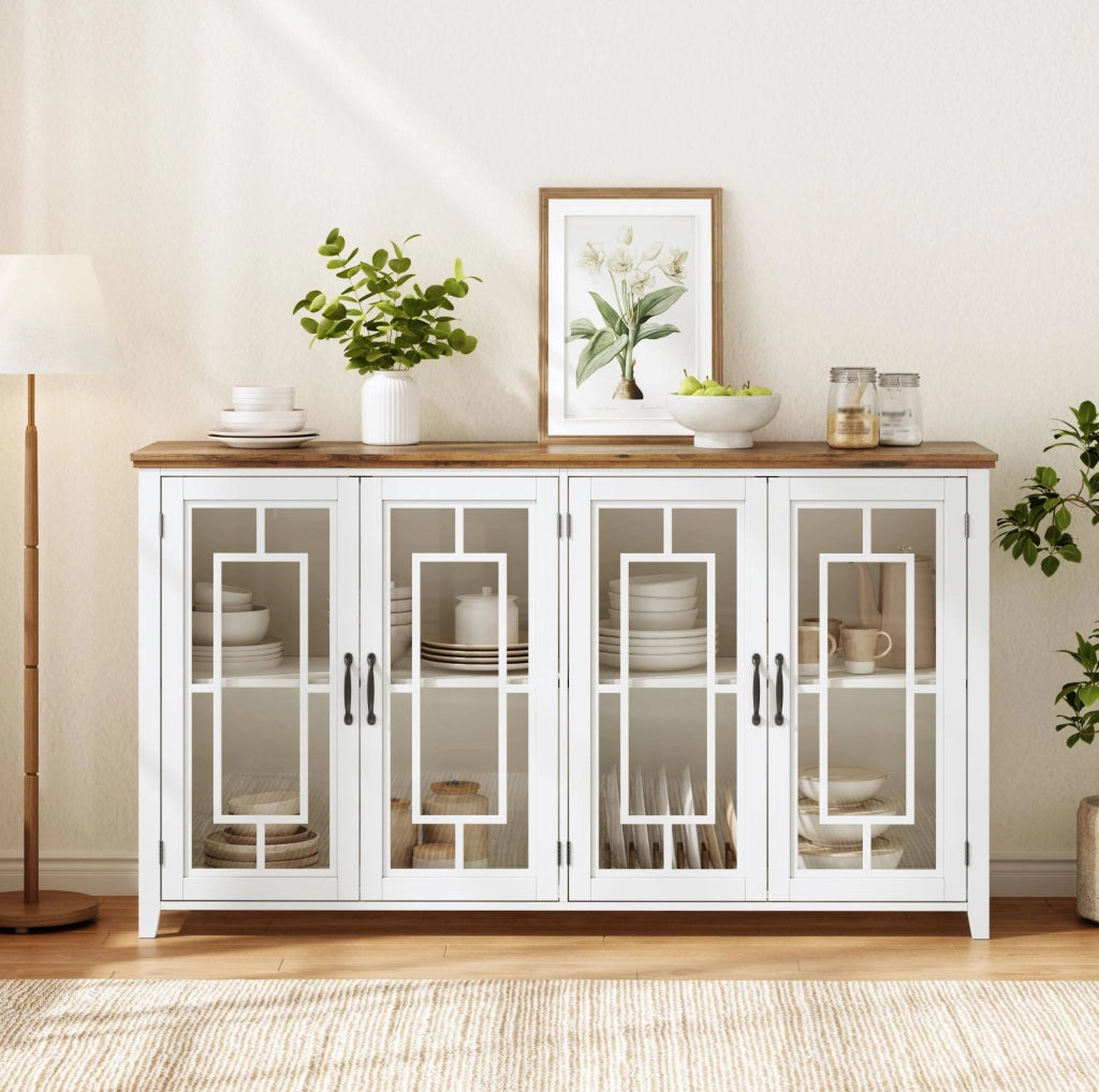Credenza 160x40x86 cm con ampio spazio contenitivo e ante in vetro; MDF; bianco