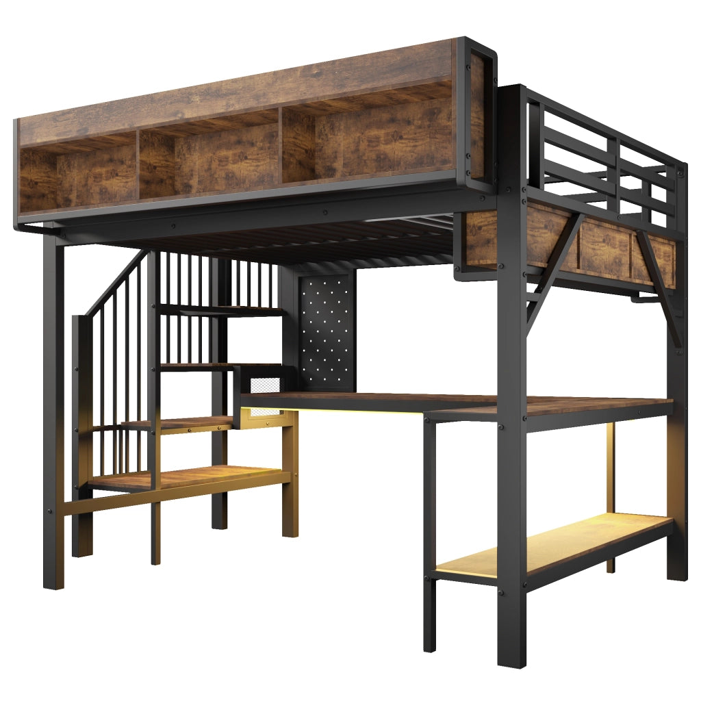Letto a soppalco 140x200 cm, con scrivania ad angolo, porta USB/Type-C, lampada a LED, nero e marrone