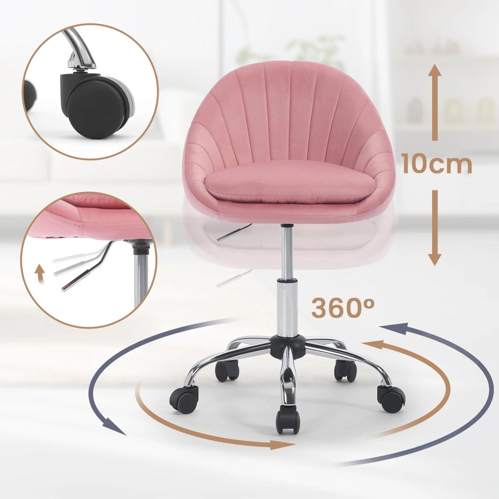 Sedia da Scrivania per Casa Regolabile in Altezza con Rotelle, Sedia Trucco Girevole Ergonomica, Ufficio, Camera da Letto, Studio, Velluto, Rosa, BS167rs