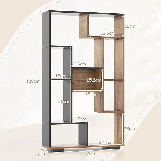 Libreria Geometrica 120 cm, Scaffale per Libri con Ripiani Aperti, Scaffale da Esposizione Moderno con Kit Anti-ribaltamento, Ideale per Casa Ufficio o Soggiorno (Nero+Marrone)