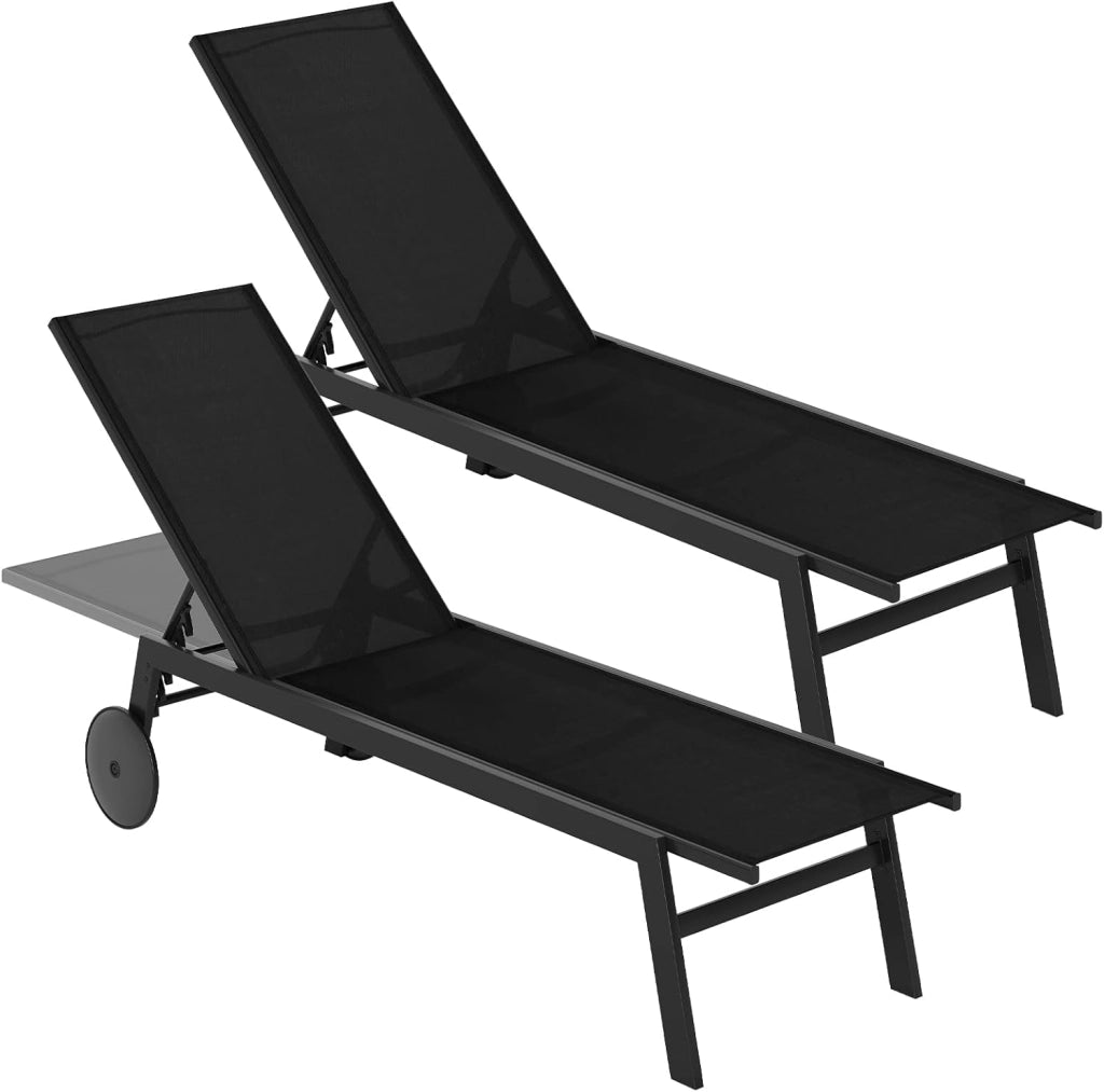 Set di 1/2 Sedie a Sdraio da Giardino con Ruote, Lettino Prendisole Reclinabile con Schienale Regolabile in 6 Posizioni, Lettino da Spiaggia in Tessuto e Metallo, Carico 150 kg (1, Caffè)