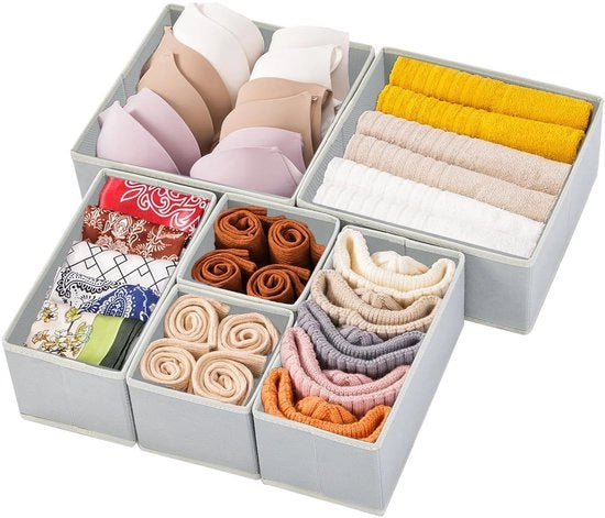 Organizzatore di cassetti per abbigliamento, separatori di cassetti pieghevoli in tessuto, organizzatore per intimo, calze, reggiseni, slip e sciarpe (grigio chiaro, 6-pack)