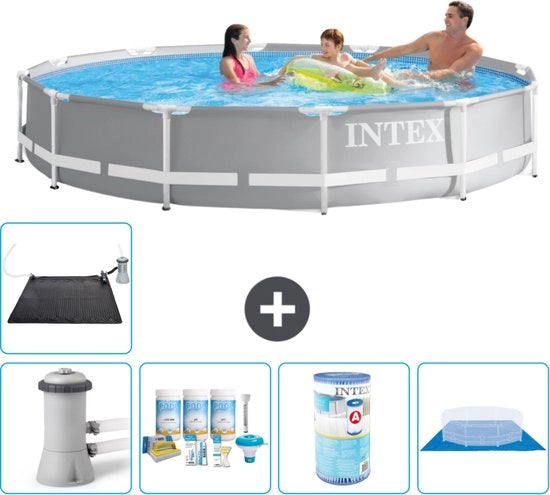 Piscina Rettangolare a Rete - 366 x 76 cm - Grigio - Inclusa Pompa Kit di Manutenzione - Filtro - Telo di Copertura - Mat Matita Solare