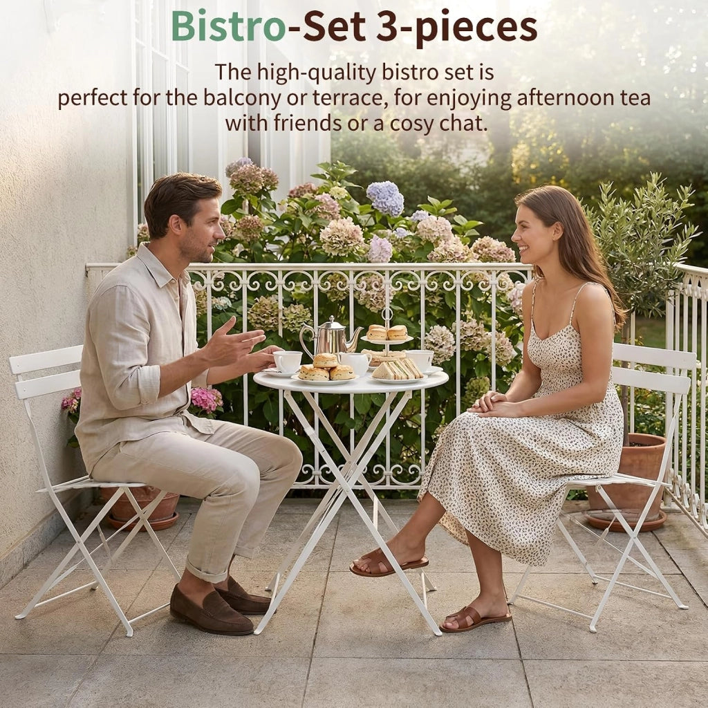 Set da Bistrot Pieghevole 3 Pezzi, Tavolo da Giardino Bistrot in Metallo, 1 Tavolo e 2 Sedie per Piccoli Balconi, Resistente alle Intemperie, per Balcone, Giardino e Terrazzo, Bianco