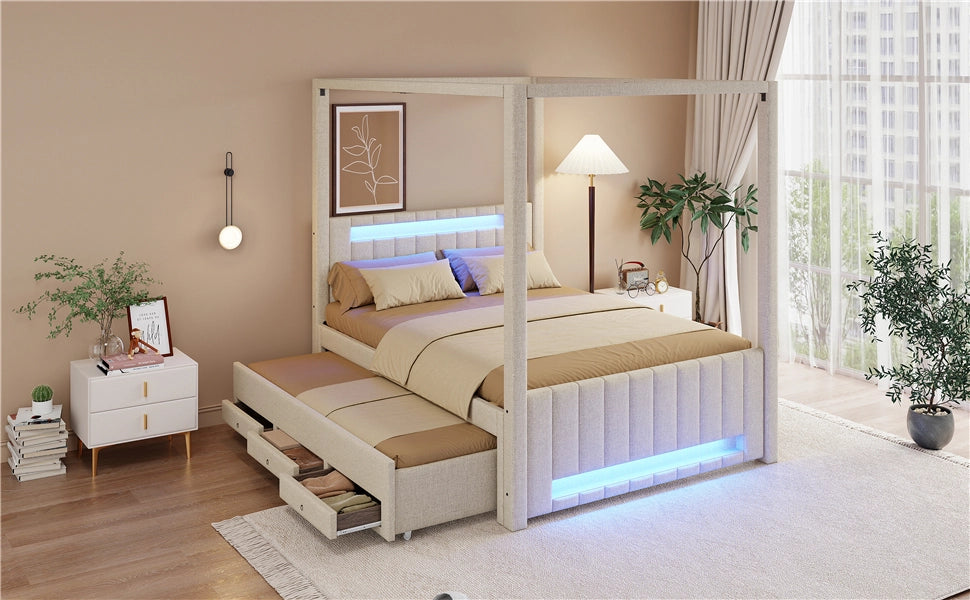 DESMIU Lit combinato 140 × 200 cm 2 posti con letto estraibile, 3 cassetti, LED, senza materasso, beige
