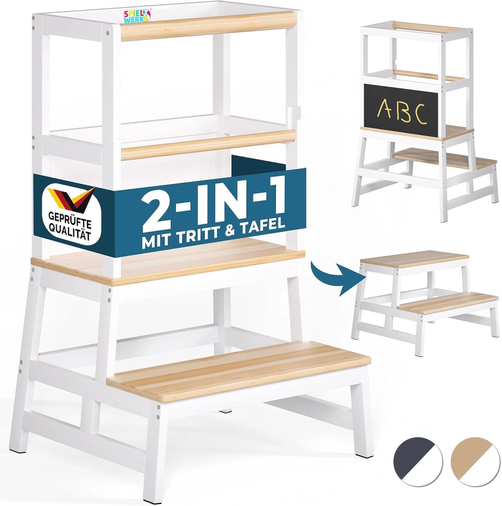Spielwerk Torre Montessoriana Apprendimento per Bambini in Legno con Lavagna Sgabello Torretta Montessori Didattica Learning Tower 50 x 51 x 93 cm a partire da 2 anni