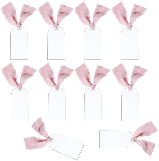 Etichette da Tavola Transparenti - 10 Pezzi - Acrilico - Etichette per Cadeau - Matrimonio/Dinner Party - Ordinamento delle Tavolate - Fiocchi di Lino Rosa Chiaro - 4,5 x 9 cm - Cartellini di Presentazione