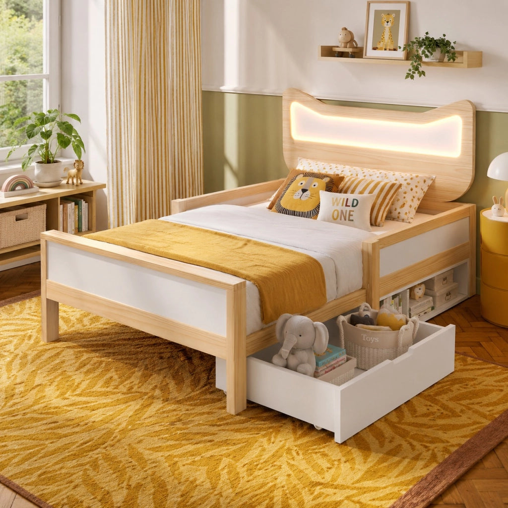 Lettino per bambini con orecchie da gatto e luci LED 90x190 cm in legno di rovere e bianco