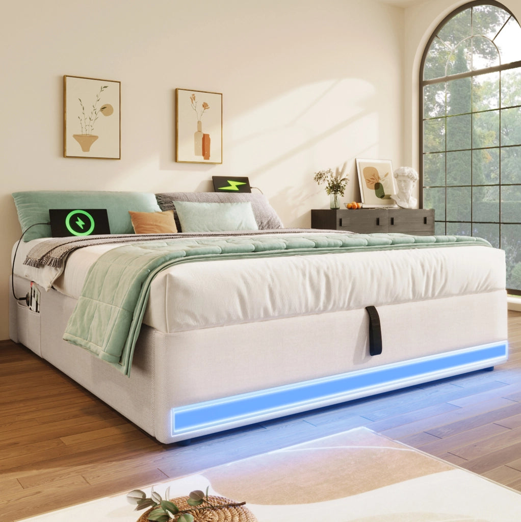 Letto contenitore 140x200 cm con LED multicolore e vano idraulico in lino beige