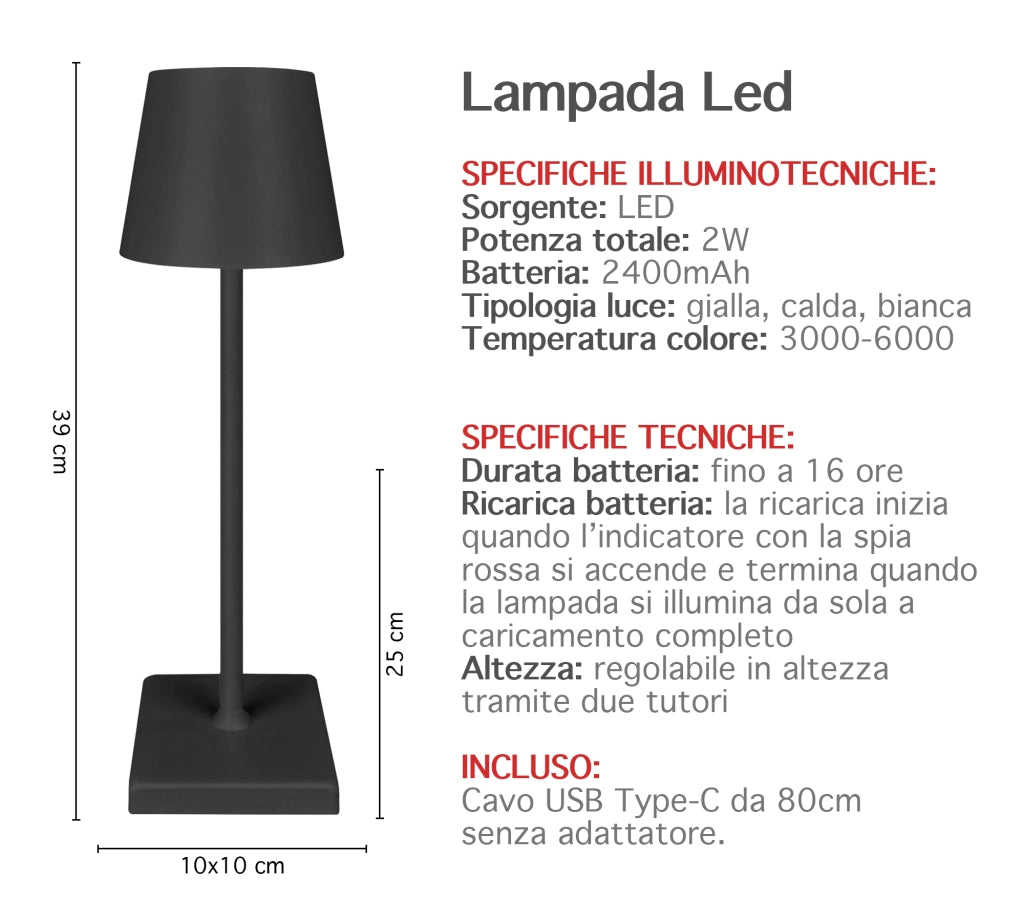 Coppia Di Lampada Da Tavolo LED Set 2 Pezzi Design Moderno Senza Fili Ricaricabile Controllo Touch Selezione Colore Intensità Dimmerabile Altezza Regolabile Con Adattatore Per Bottiglia 3000/4500/600K  2Pz-Plain-Nero