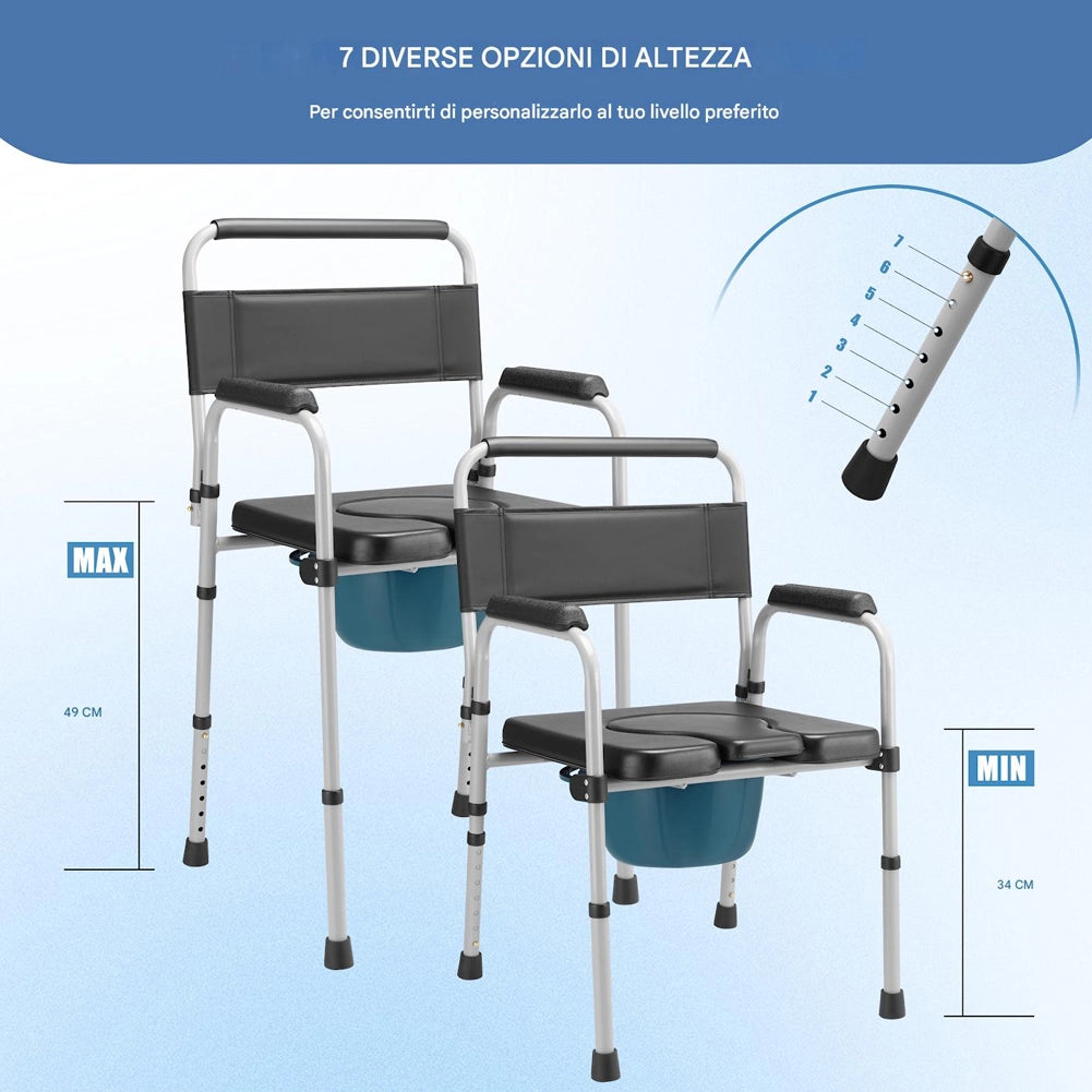Sedia Wc in Metallo ed Ecopelle Secchio e Coperchio Anziani Altezza Regolabile