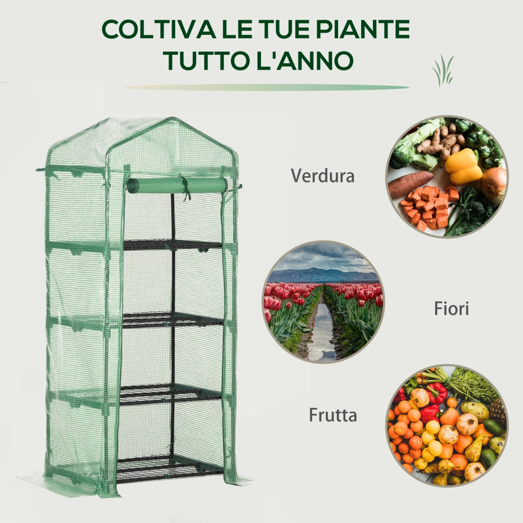 EasyComfort Serra per Piante Verticale con Scaffale a 4 Ripiani in Acciaio e PE Verde Scuro, 70x50x160cm