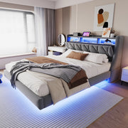 Letto imbottito 180x200 cm con testiera ribaltabile; LED; USB e Type-C; velluto grigio