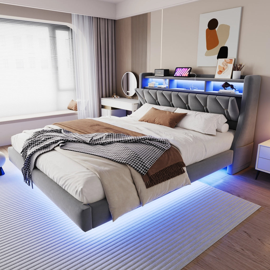 Letto imbottito 180x200 cm con testiera ribaltabile; LED; USB e Type-C; velluto grigio