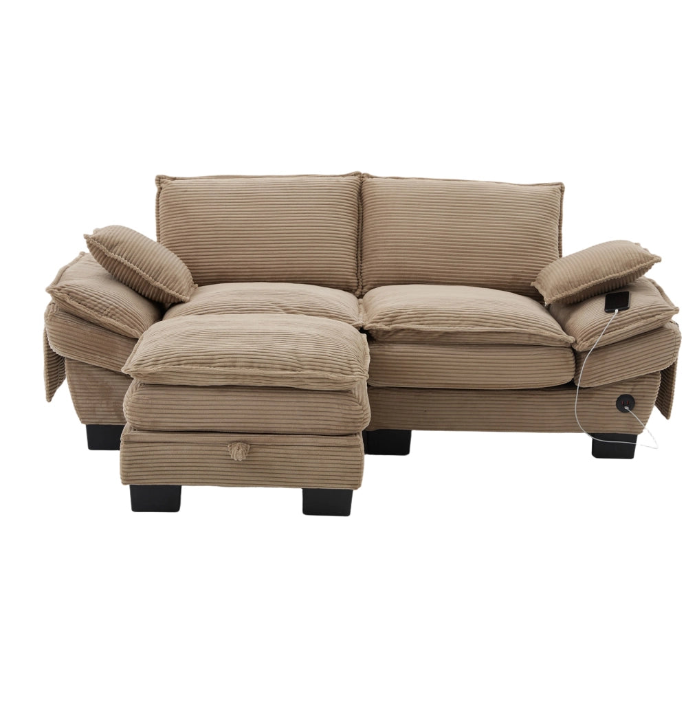 Divano 2 posti in velluto a coste con pouf, khaki