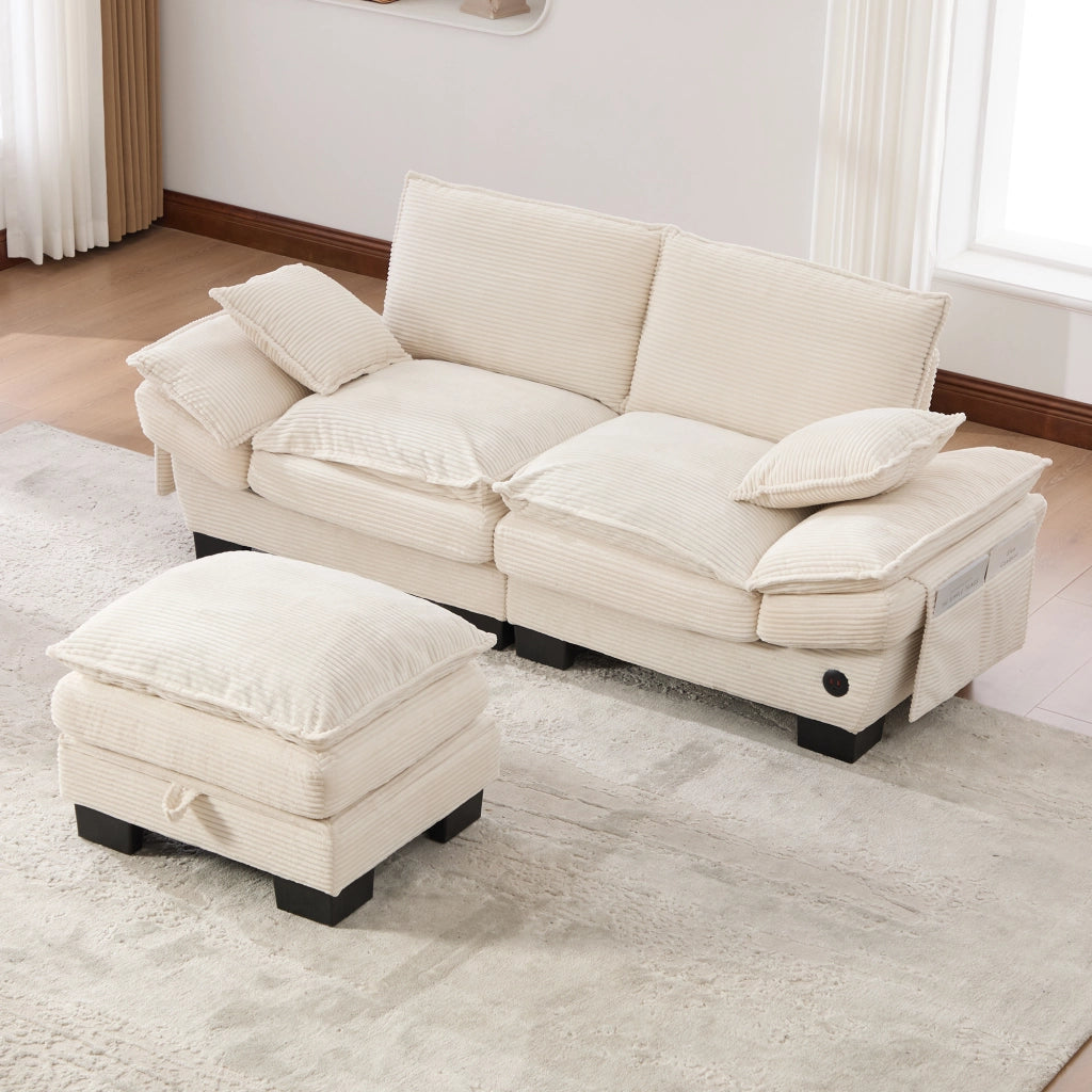 Divano 2 posti in corduroy beige con pouf contenitore, USB-C e tasche laterali