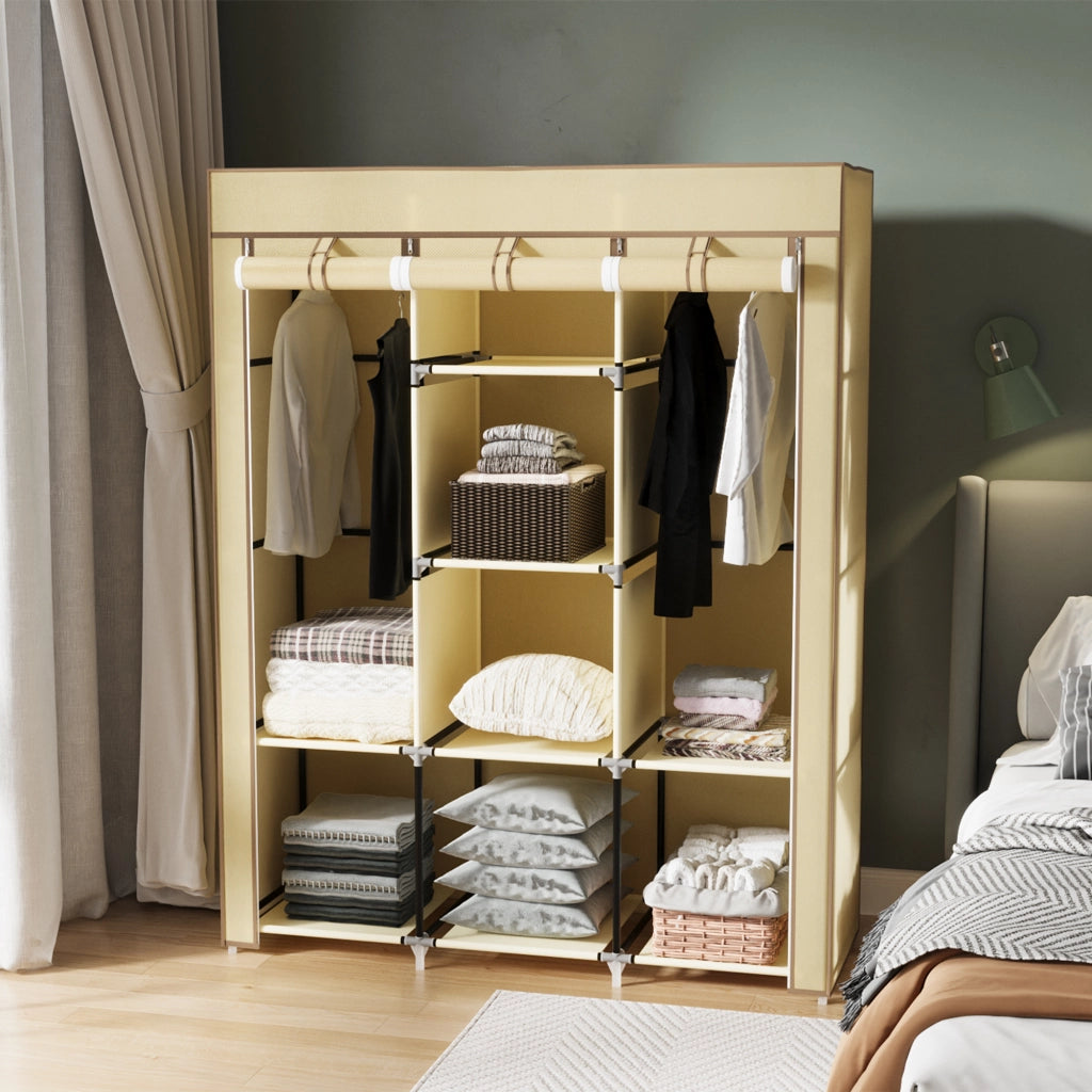 Armadio in Tessuto con 8 Ripiani e 2 Barre con Porta Avvolgibile, 125x46x162.5cm, Beige