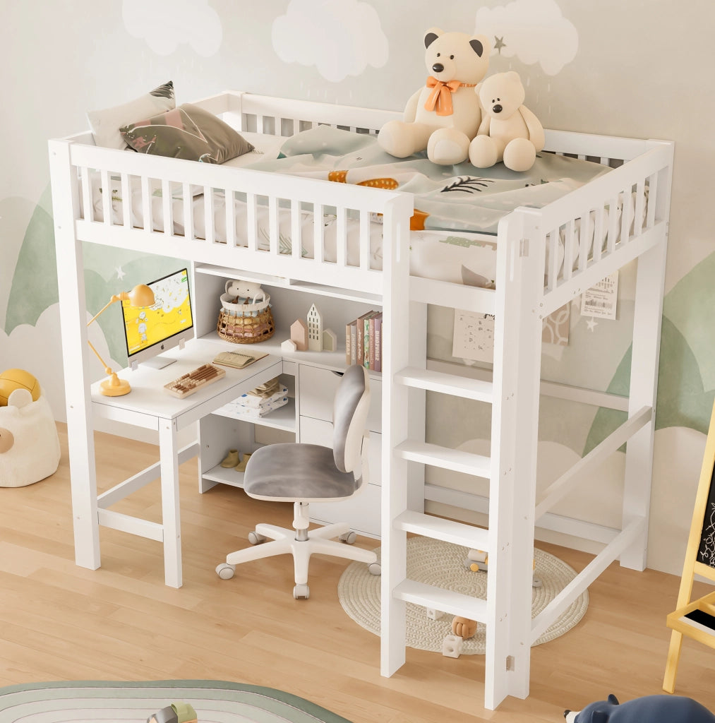 Letto a soppalco bianco 90x200 cm con scrivania e cassetti