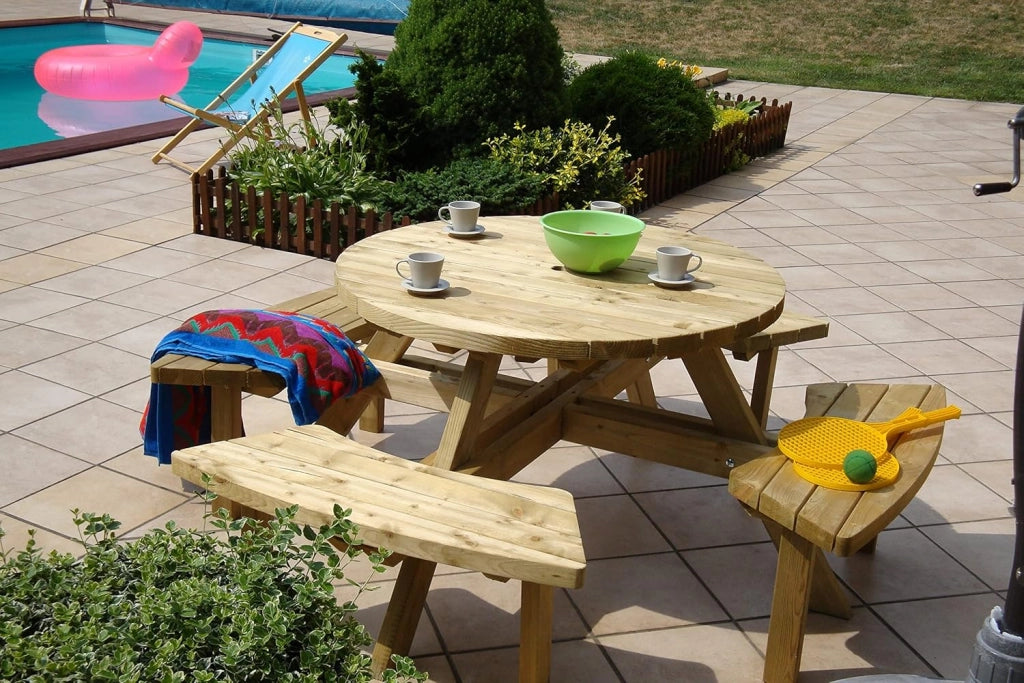 TAVOLO TONDO LASA IN LEGNO CON PANCHE 110X186X68H