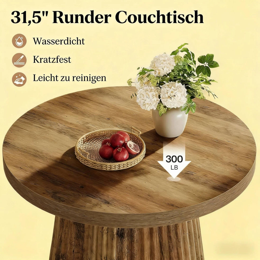 Tavolino da caffè rotondo ? 80 cm in MDF marrone con base a colonne scanalate