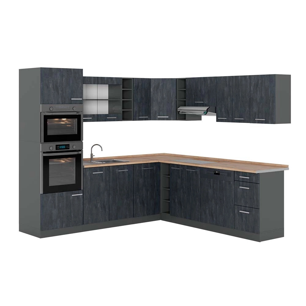 Cucina angolare completa R-Line Calce nera/Antracite 247 x 237 cm PT Rovere Vicco