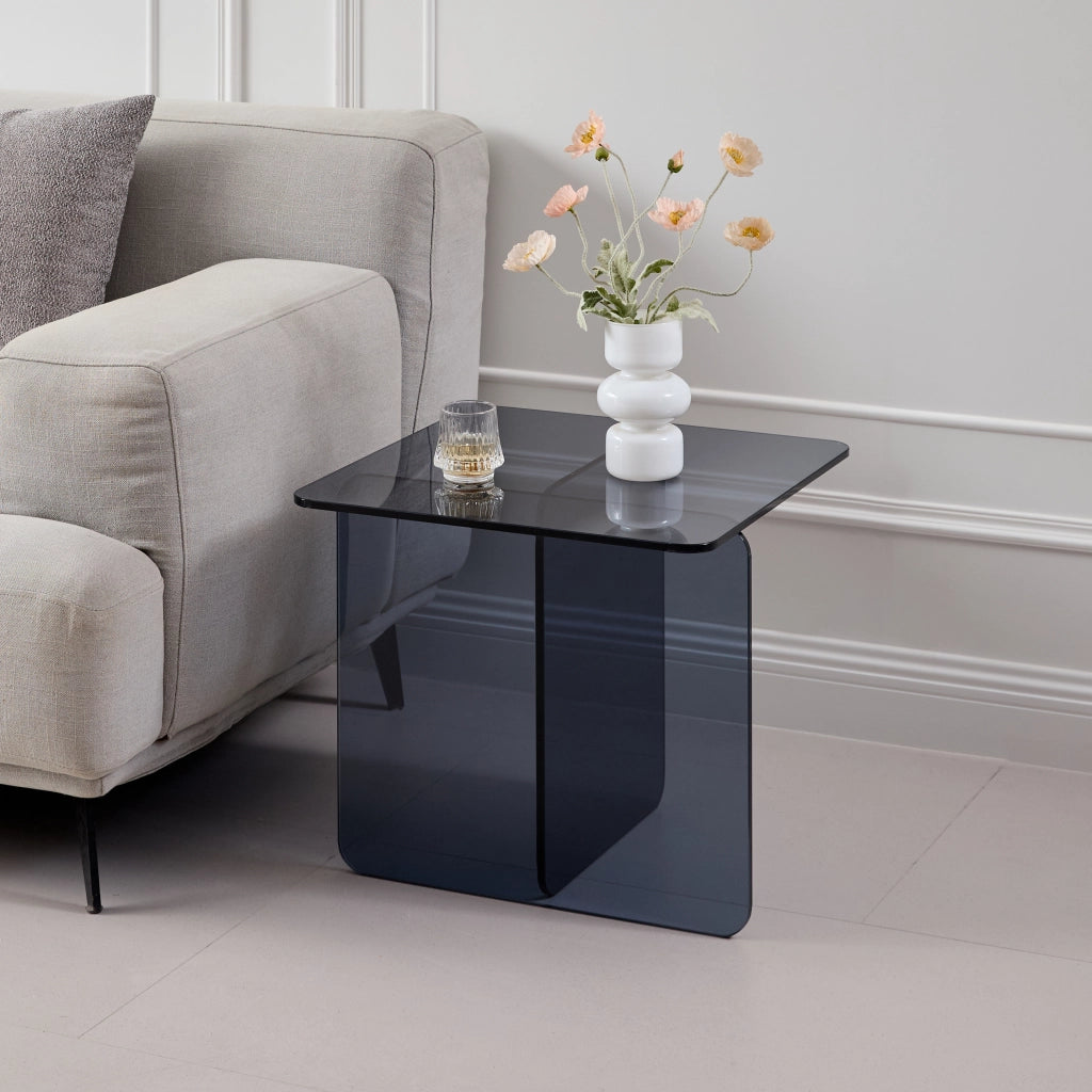 Tavolino basso in vetro temperato con piano curvo, per soggiorno e ufficio, colore grigio, 45 × 45 × 51 cm