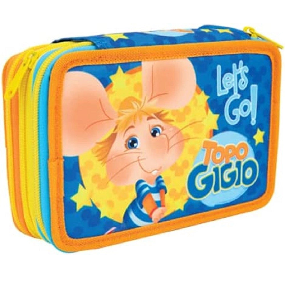 Trade Shop - Astuccio Triplo Multicolore Topo Gigio 3 Scomparti Zip Scuola Portapastelli -