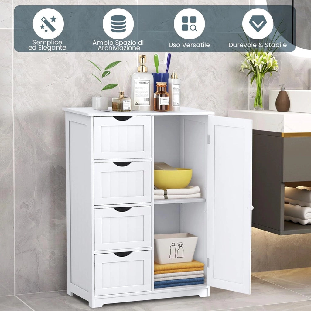 Mobile Bagno 56 x 30,5 x 81 cm, Mobiletto Bagno Salvaspazio con 4 Cassetti e Mensola Regolabile, Armadietto Multiuso per Ingresso, Salone, Camera da Letto e Cucina (Bianco)