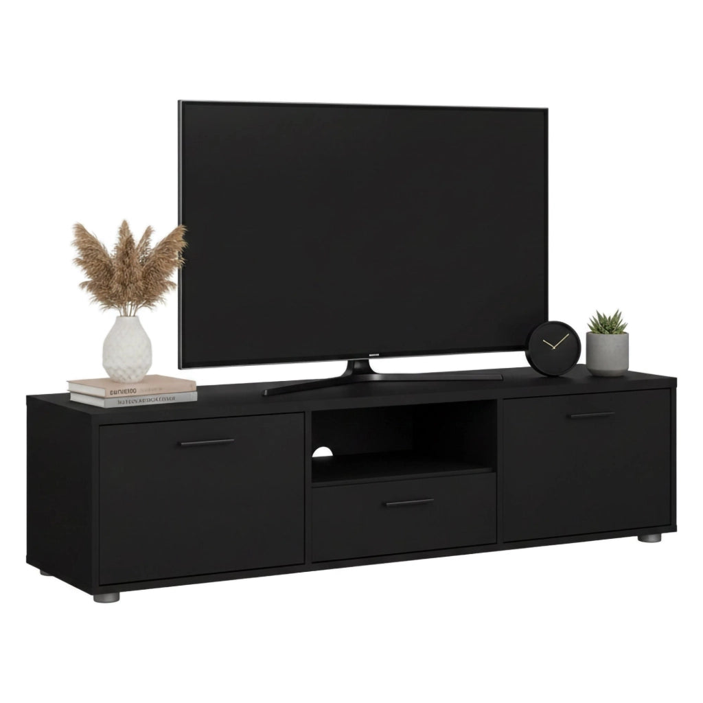 Mobile porta TV Charo, Credenza da soggiorno, Armadio basso per TV, Base parete attrezzata, 147x40 h38 cm, Nero